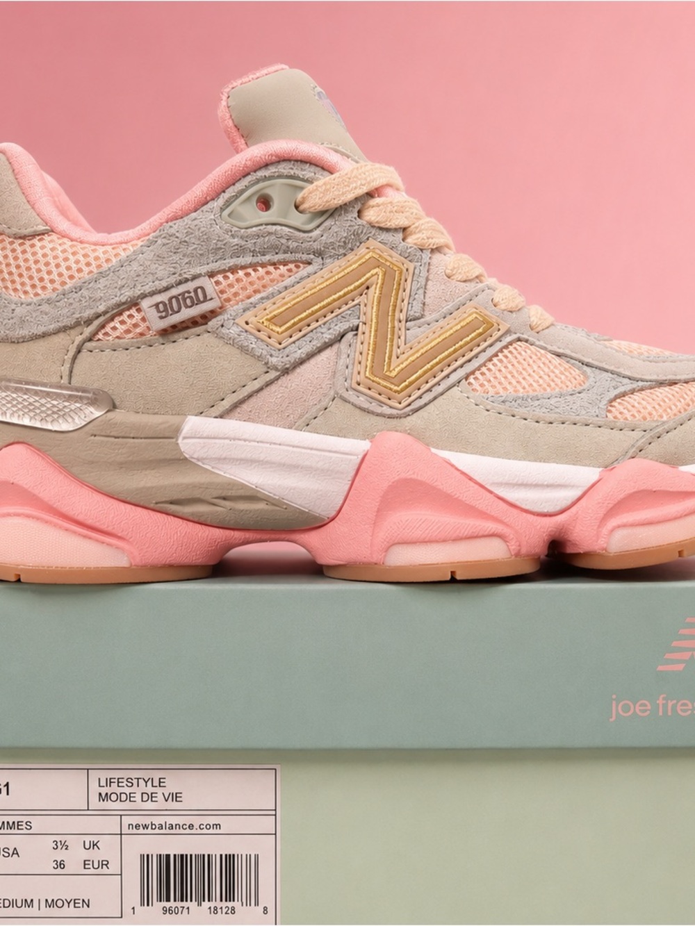New Balance Women's 9060 Suede Mesh Sneaker in Pink and Beige with Gold Accent